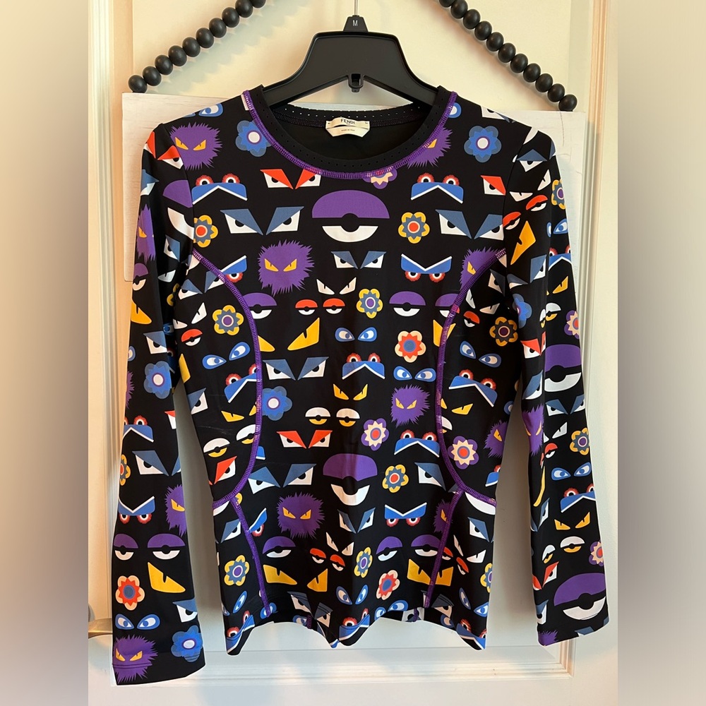 FENDI Monsters Eyes Purple Black Activewear Long Sleeve Shirt Top 44 6 8 RARE